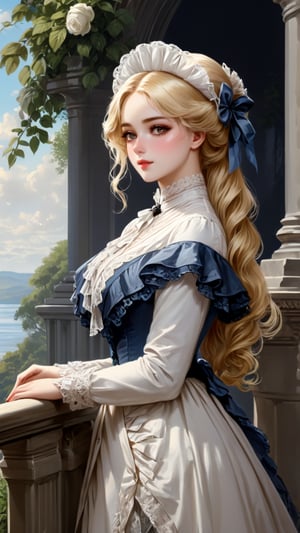 A girl in the Victorian era, outdoor, (masterpiece, top quality, best quality, official art, beautiful and aesthetic:1.2), (1girl:1.4), blonde hair, portrait, extreme detailed, highest detailed,