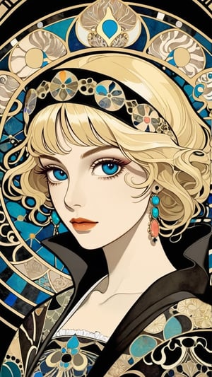 A beautiful girl, blonde hair, dynamic character, detailed exquisite face, bold high quality, high contrast, patchwork, vibrant colors, looking at viewer, intricate gold patterns,  (Gustav Klimt and Mucha and Caravaggio style artwork),art_booster,art nouveau