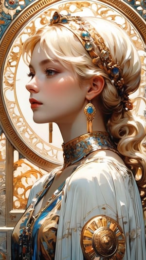 (Byzantine Heads: Blonde) by Mucha: a blonde hair girl wears a white scarf in her hair embellished with jewels and an ornate metal disk fringed with pearls. (masterpiece, top quality, best quality, official art, beautiful and aesthetic:1.2), (1girl:1.4), portrait, extreme detailed, highest detailed, simple background, 16k, high resolution, perfect dynamic composition, bokeh, (sharp focus:1.2), super wide angle, high angle, high color contrast, medium shot, depth of field, blurry background,,itacstl,3g3Kl0st3rXL