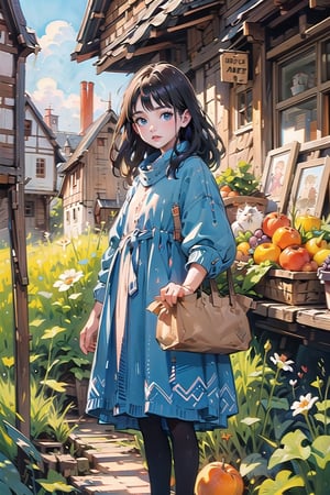 A medieval girl in traditional dress, vegetables and fruits, at a farmer's market, mysterious medieval, masterpiece,High detailed,CrclWc,Detail,Half-timbered Construction,INK art,watercolor,simplecats