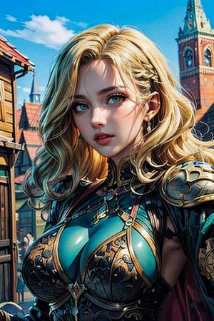 (masterpiece, top quality, best quality, official art, beautiful and aesthetic:1.2), (1girl:1.4), upper body, blonde hair, portrait, extreme detailed, highest detailed, dynamic pose, head to thigh portrait, (beautiful, sensual witch with wavy hair), (medieval fantasy, bustling town square), wide shot, ,1 girl