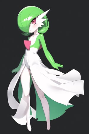 1girl, solo, short hair, bangs, simple background, red eyes, closed mouth, standing, full body, green hair, shiny, hair over one eye, flat chest, pokemon \(creature\), colored skin, bob cut, black background, white skin, one eye covered, green skin, multicolored skin, two-tone skin, gardevoir,ahg,reverse suspended congress