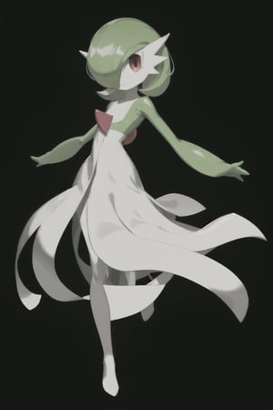 solo, looking at viewer, short hair, bangs, simple background, red eyes, closed mouth, standing, full body, green hair, shiny, hair over one eye, flat chest, pokemon \(creature\), colored skin, bob cut, outstretched arms, black background, white skin, one eye covered, green skin, multicolored skin, two-tone skin, gardevoir