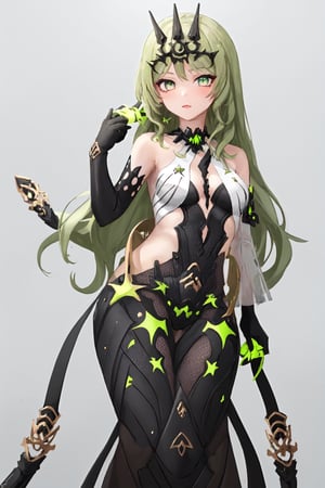 1girl, solo, long hair, looking at viewer, bangs, simple background, gloves, dress, bare shoulders, green eyes, full body, green hair, sleeveless, black gloves, elbow gloves, grey background, black dress, see-through, sleeveless dress, crown, asymmetrical gloves, mismatched gloves, claw ring, Mobius ,