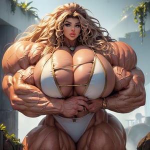 extremely massive gigantic muscular muscle woman with pumped massively masculine swollen muscles, statuesque, tiny hands, ((overgrown ruins. (flexing her glorious Absolutely huge masculine physique; the body of a huge strongman). She is Strong; very big with very big manly muscles.)) ((huge high hair volume, massive layers of wild outlandish huge hair growth, extremely massive huge wavy blowout, swirling and curling, jewelled bronze headdress with massive outlandish wavy hair extensions, extravagant hairstyle, extra hair volume sweeping up)). Absolutely huge, enormous, hugely oversized. very large, ((ultra massive gigantic trapezius)), extremely massive gigantic biceps, (intricate (bikini), wrist wraps, bronze highlights)), (roundest biggest eyes, bigger eyes, longest eyelashes, Big lips, huge lips, slight smile). ((massively thick muscular neck, very tall neck)), (huge muscular arms). Brutalmass,b1mb0,viking