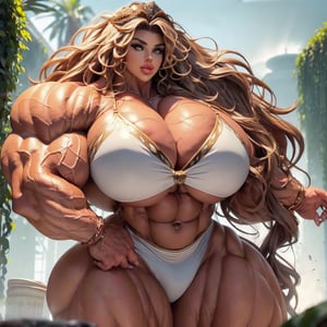 extremely massive gigantic muscular muscle woman with pumped massively masculine swollen muscles, statuesque, tiny hands, ((overgrown ruins. (flexing her glorious Absolutely huge masculine physique; the body of a huge strongman). She is Strong; very big with very big manly muscles.)) ((huge high hair volume, massive layers of wild outlandish huge hair growth, extremely massive huge wavy blowout, swirling and curling, jewelled bronze headdress with massive outlandish wavy hair extensions, extravagant hairstyle, extra hair volume sweeping up)). Absolutely huge, enormous, hugely oversized, very large. ((ultra massive gigantic trapezius)), extremely massive gigantic biceps, (intricate (bikini), wrist wraps, bronze highlights)), (roundest biggest eyes, bigger eyes, longest eyelashes, Big lips, huge lips, slight smile). ((massively thick muscular neck, very tall neck)), (huge muscular arms). Brutalmass,b1mb0,viking