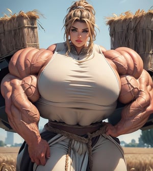 ((1girl, solo, Wheatfield, Distant ruins, humble farmer harvesting the field)), extremely massive gigantic muscular muscle woman with pumped massively swollen masculine muscles, dainty hands, enormous, hugely oversized, bodybuilder with extraordinarily large muscles, extremely massive gigantic high-profile breast implants, ((intricate vest, loincloth, wrist wraps, bronze highlights)), ((ultra massive gigantic trapezius)), (biggest eyes, longest eyelashes, Big lips, biggest ultra massive lips), smirk, (massive high volume hair, wild outlandish dark blonde hair tied in pigtails, extra volume), ((massively muscular thick neck, very tall neck)), (has Ultra Massive muscular arms with Gigantic biceps, massively bigger biceps), ((massively bigger trapezius)), brutalmass,b1mb0,viking