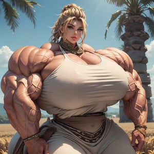 ((Wheatfield, Distant ruins, looking down at viewer, humble farmer working in the field)), extremely massive gigantic muscular muscle woman with pumped massively swollen masculine muscles, dainty hands, enormous, hugely oversized, bodybuilder with extraordinarily large muscles, extremely massive gigantic high-profile breast implants, massively bigger breasts, ((intricate jeweled tunic, wrist wraps, jewellery, bronze highlights)), ((ultra massive gigantic trapezius)), (biggest eyes, longest eyelashes, Big lips, biggest ultra massive lips), smirk, (massive high volume hair, wild outlandish blonde hair tied in pigtails, extra volume), ((massively muscular thick neck, very tall neck)), (has Ultra Massive muscular arms with Gigantic biceps, massively bigger biceps), ((massively bigger trapezius)), brutalmass,b1mb0,viking