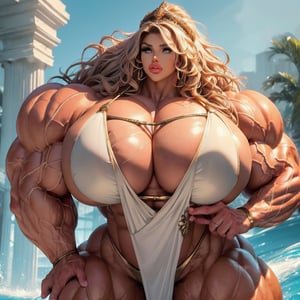 extremely massive gigantic muscular muscle woman with pumped massively masculine swollen muscles, statuesque, tiny hands, ((overgrown ruins. (flexing her glorious Absolutely huge masculine physique; the body of a huge strongman). She is Strong; very big with very big manly muscles.)) ((huge high hair volume, massive layers of wild outlandish huge hair growth, extremely massive huge wavy blowout, swirling and curling, jewelled bronze headdress with massive outlandish wavy hair extensions, extravagant hairstyle, extra hair volume sweeping up)). Absolutely huge, enormous, hugely oversized muscles, very large, ((ultra massive gigantic trapezius)), gigantic bodybuilder muscles, extremely massive gigantic biceps, (intricate (bikini), wrist wraps, bronze highlights)), (roundest biggest eyes, bigger eyes, longest eyelashes, Big lips, huge lips, slight smile). ((massively thick muscular neck, very tall neck)), (huge muscular arms). Brutalmass,b1mb0,viking