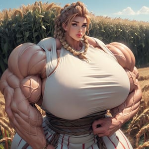 ((1girl, solo, Wheatfield, Distant ruins, humble farmer harvesting the field)), extremely massive gigantic muscular muscle woman with pumped massively swollen masculine muscles, dainty hands, enormous, hugely oversized, bodybuilder with extraordinarily large muscles, extremely massive gigantic high-profile breast implants, ((intricate jeweled tunic, wrist wraps, bronze highlights)), ((ultra massive gigantic trapezius)), (biggest eyes, longest eyelashes, Big lips, biggest ultra massive lips), smirk, (massive high volume hair, wild outlandish strawberry blonde hair tied in pigtails, extra volume), ((massively muscular thick neck, very tall neck)), (has Ultra Massive muscular arms with Gigantic biceps, massively bigger biceps), ((massively bigger trapezius)), brutalmass,b1mb0,viking