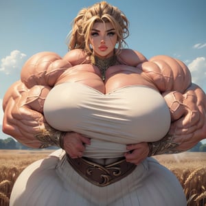 ((1girl, solo, Wheatfield, Distant ruins, humble farmer harvesting the field)), extremely massive gigantic muscular muscle woman with pumped massively swollen masculine muscles, dainty hands, enormous, hugely oversized, bodybuilder with extraordinarily large muscles, extremely massive gigantic high-profile breast implants, massively bigger breasts, ((intricate jeweled strapless tunic, wrist wraps, bronze highlights)), ((ultra massive gigantic trapezius)), (biggest eyes, longest eyelashes, Big lips, biggest ultra massive lips), smirk, (massive high volume hair, wild outlandish blonde hair tied in pigtails, extra volume), ((massively muscular thick neck, very tall neck)), (has Ultra Massive muscular arms with Gigantic biceps, massively bigger biceps), ((massively bigger trapezius)), brutalmass,b1mb0,viking