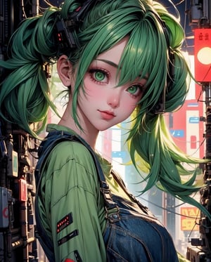 1 green-haired girl with overalls, pendurada em  um poste de luz , Looking at camera,Camera angle up close,Cabelo pigtails, seios grandes,,em uma cidade neon, (estilo cyberpunk) 8K Ultra realista
