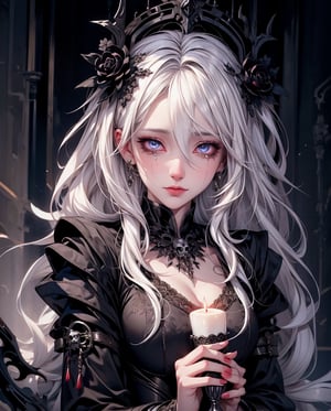（tmasterpiece,best qualtiy）, solo,A white-haired woman holds a candle,anime skull portrait woman,beautiful necromancer girl,beautiful girl necromancer,,Smoky, flowing white hair,Harsh eyes,paleskin,black eyeshadows,Black blood and tears,Gothic shoujo anime characters,beautiful necromancer,gothic fantasy art,dark fantasy style art, white-haired god,Portrait of a female necromancer,Female necromancer,goddess of death,Dark moody lighting,with light glowing,mistic,magical,edge lit
