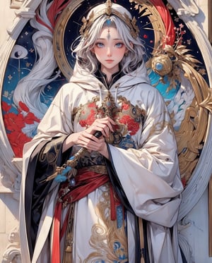 1 man in a snow-covered hoodie with red and blue accents ,holding a dying flame in his hands, The head is playfully tilted to the side, silver haired, hairlong, white colored hair, white robe, Ecclesiastical symbolism, Statue, realisti, (tmasterpiece, hiquality, beste-Qualit, Official art, Beautiful and aesthetically pleasing: 1.2), Extremely detailed, s fractal art, colourful, As detailed as possible, zentangle