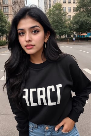 full body, INDIAN girl , Instagram influencer , black long hair, glossy juicy lips, cute 22 years old girl, portrait, 1girl, retroartstyle, Character, full body, in sweatshirt and jeans