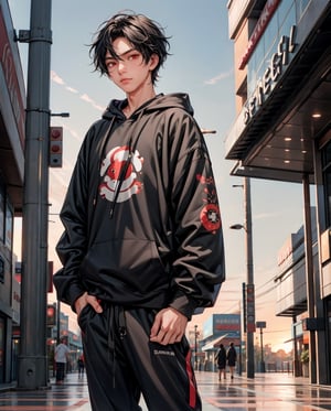 solo, kemono, male, black hair,red eyes, wear black hoodie, wear black pants, look at camera, right hand grabbing coffee cup, standing in front of mall, big mall background, sunset time