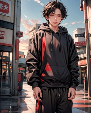 solo, kemono, male, black hair,red eyes, wear black hoodie, wear black pants, look at camera, right hand grabbing coffee cup, standing in front of mall, big mall background, sunset time