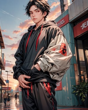 solo, kemono, male, black hair,red eyes, wear black hoodie, wear black pants, look at camera, right hand grabbing coffee cup, standing in front of mall, big mall background, sunset time