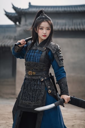 The girl wields a gun with great agility, and her sword fighting movements, jumping, stabbing, and standing on her own are all evident in her movements. The gun is long and delicate

This woman is very beautiful, Chinese. 17 years old, black hair. Long hair, traditional Chinese hairstyle. Full pink lips. Long eyelashes and very bright blue eyes.

The wide-angle lens allows you to clearly see the details of the scene, China_armor, full-body photo,Wonder of Beauty,better photography