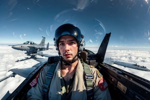 (raw, best quality, masterpiece, 8K), solo, gloves, 1man, male focus, 35 years old, natural pit scars on face, stubble, grim face, sky, military, flight helmet, reality, airplane, military vehicle, airplane, pilot suit, jet, cockpit, pilot, top gun, MiG-29, Ukraine, Russia, distant view, bird's eye view, rear view, first person view, fighter aircraft instrument panel, performing combat mission, aircraft flight footage,Wearing sexy astrosuit