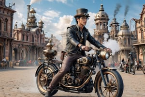 A man, 45 years old, with short black hair, wearing glasses, smiling, wearing steampunk clothes and hat, riding a steampunk motorcycle in an ancient city in that style, steam emanating, 8k UHD, full view, extreme realism, ultra clarity, highest quality, multiplayer, passerby, ste4mpunk, real_booster, photo_b00ster, art_booster