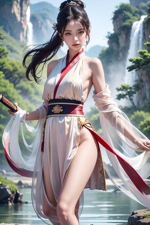 (RAW, Masterpiece, Best Quality, Photorealistic, HD, 8K), 1girl, 16 years old, black hair, long hair, hair blowing in the wind, traditional Chinese hairstyle, Jin Yong martial arts, solo, hair accessories, pink lips. Long eyelashes, correct human body structure, standard female figure, thin, fairy temperament, thin and transparent clothes, bellyband, naked lower body, perfect of pussy, loose hair, very bright big eyes, fine hair, large pores , small breasts, navel, ponytail, arms, outdoors, Chinese sword, water, bun, holding weapon, uncensored, single bun, arms extended, realistic, waterfall, girl swinging sword, martial arts moves, sword fighting moves, jumping , lunge, stand independently, movements clearly visible. The sword is long and delicate, with a mountain background and a waterfall background. Large wide angle lens, movie lens, real photo, Chinese landscape painting scenery, blurred background. Full body photos, chinkstyle, ink painting,jianxian,ru skirt,(((nude)))