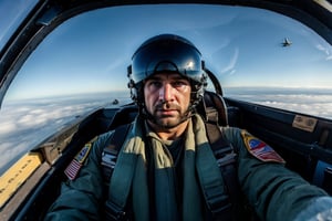 (raw, best quality, masterpiece, 8K), solo, gloves, 1man, male focus, 35 years old, natural pit scars on face, stubble, grim face, sky, military, flight helmet, reality, airplane, military vehicle, airplane, pilot suit, jet, cockpit, pilot, top gun, MiG-29, Ukraine, Russia, distant view, bird's eye view, first person view, fighter aircraft instrument panel