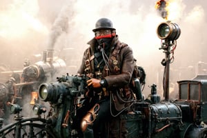 A man, 45 years old, with short black hair, wearing glasses, smiling, pilot outfit, scarf, wearing steampunk clothes and hat, riding a steampunk locomotive in that style of ancient city, steam emanating, steam around the locomotive, steam valve steam, speed, 8k UHD, full view, extreme realism, ultra-definition, highest quality, multiplayer, passerby, capture dynamic view, ste4mpunk, real_booster, photo_b00ster, art_booster,steampunk style,madgod