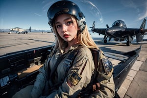 (raw, best quality, masterpiece, 8K), solo, gloves, 1 girl, 22 years old, blonde, fine hair, sky, military, helmet, reality, airplane, military vehicle, aircraft, pilot suit, jet, cockpit, pilot , full body view, Wearing sexy astrosuit