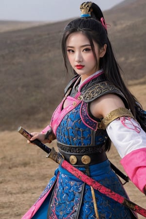 The girl wields a gun with great agility, and her sword fighting movements, jumping, stabbing, and standing on her own are all evident in her movements. The gun is long and delicate

This woman is very beautiful, Chinese. 17 years old, black hair. Long hair, traditional Chinese hairstyle. Full pink lips. Long eyelashes and very bright blue eyes.

The wide-angle lens allows you to clearly see the details of the scene, China_armor, full-body photo