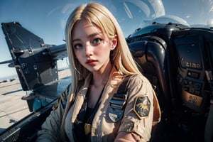 (raw, best quality, masterpiece, 8K), solo, gloves, 1 girl, 22 years old, blonde, fine hair, sky, military, reality, airplane, military vehicle, aircraft, pilot suit, jet, cockpit, pilot, full body Vision, Wearing sexy astrosuit, nude