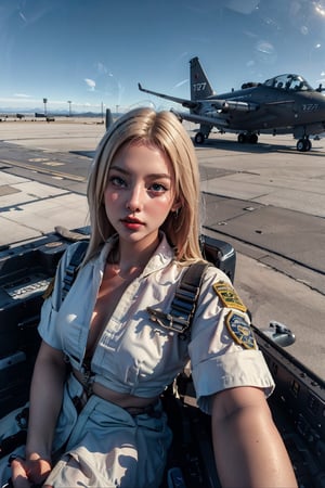 (raw, best quality, masterpiece, 8K), solo, gloves, 1 girl, 22 years old, blonde, fine hair, sky, military, reality, airplane, military vehicle, aircraft, pilot suit, jet, cockpit, pilot, full body Picture, Wearing sexy astrosuit, from below, (((nude)))