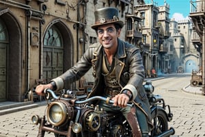 A man, 45 years old, with short black hair, wearing glasses, smiling, wearing steampunk clothes and hat, riding a steampunk motorcycle in an ancient city in that style, steam emanating, 8k UHD, extreme realism, ultra-definition, maximum quality,ste4mpunk,real_booster,photo_b00ster,art_booster
