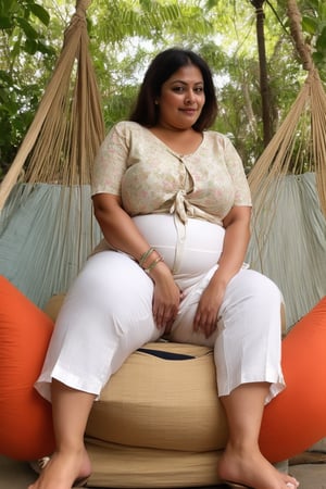 Full body indian bengali mom, round shape face with biggest plump on face of mom, ((biggest belly with big plum of mom)), ((biggest thigh high with plump of mom)), skin tone dark brown with sexy of mom, brown knees with biggest plump of mom, ((biggest ass size with plump and biggest long buttocks)), ((wide plump pussy with biggest vaginal of mom)), ankle with plump of mom, thick hand and leg with plump of mom, ((biggest boobs size with plump of mom)), five finger each hand of mom, mom were Tie-front blouse and linen pants, lounging in a hammock with one leg dangling off, head tilted back, eyes closed, enjoying the sun.