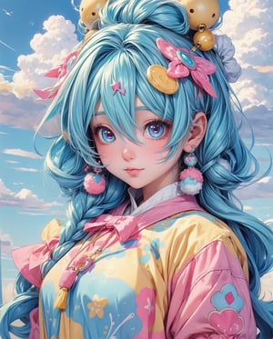 "kawaii, Cute, Adorable girl in pink, yellow, and baby blue color scheme. She wears sky-themed clothing with clouds and sky motifs. Her outfit is fluffy and soft, With decora accessories like hair clips. She embodies a vibrant and trendy Harajuku fashion style.",girl