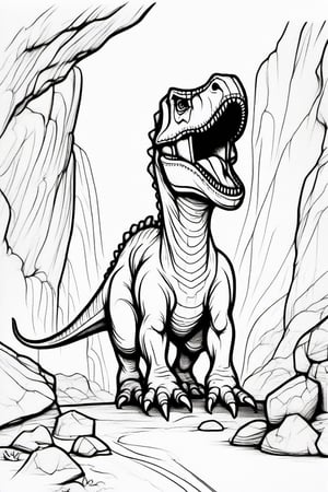 a prehistoric dinosaur in front of a cave, line art, clean line art, clean outline, clean black outline, easy to colour, line drawing style, one line, strong black outline, sketch style, orn8, orn8 lineart design, orn8 design of detailed,orn8