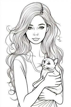 a beautiful girl with a cat, line art, clean line art, clean outline, clean black outline, easy to colour, line drawing style, one line, strong black outline, sketch style, orn8, orn8 lineart design, orn8 design of detailed,orn8