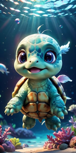 close up angle of, , ((),(3d turtle)) surrounded by sea( )  ,animal, detailed focus, deep bokeh, beautiful, , write cosmic background. Visually delightful , 3D,more detail XL,chibi,Rainbow kitten 