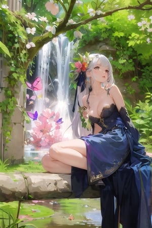 1girl, solo, long hair, breasts, looking at viewer, bangs, large breasts, hair ornament, dress, bare shoulders, jewelry, medium breasts, very long hair, flower, white hair, lying, parted lips, water, seve, ly） polish, white dress, bracelet, lips, parted bangs, petals, sleeveless dress, on side, cherry blossoms, pelvic curtain, pink flower, armlet, rock, nose, butterfly hair ornament, pillar