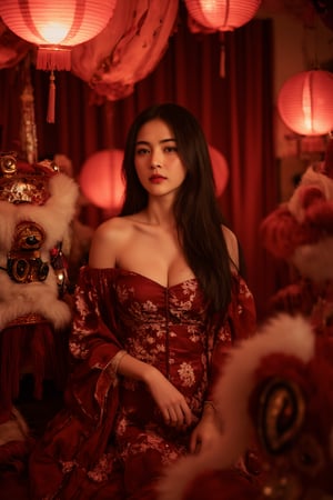 A young Asian woman with long dark hair stands gracefully dressed in a red gold Chinese traditional , medium shot ,
background is darkroom,
blurry foreground, red Chinese lanterns foreground ,
and a large, detailed lion dance costume stands beside her. creating a warm, nostalgic, and cultural atmosphere,
rich with deep red and gold tones.
The woman appears calm and elegant, embodying a sense of mystery, tradition, Shining golden color,