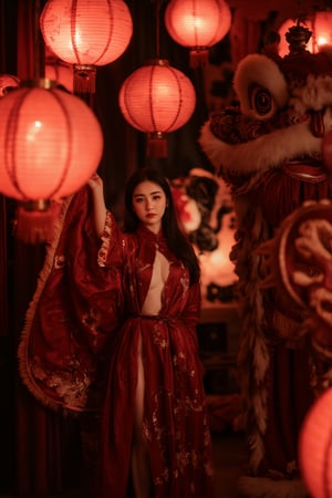 A young Asian woman with long dark hair stands gracefully dressed in a red gold Chinese traditional , medium shot ,
background is darkroom,
blurry foreground, red Chinese lanterns foreground ,
and a large, detailed lion dance costume stands beside her. creating a warm, nostalgic, and cultural atmosphere,
rich with deep red and gold tones.
The woman appears calm and elegant, embodying a sense of mystery, tradition, Shining golden color,