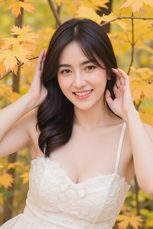 A stunning Korean girl poses confidently in a picturesque forest setting, surrounded by vibrant autumn maple leaves. She wears a delicate white lace dress that highlights her toned upper body and accentuates her impressive bust, with long black hair framing her face and bangs gently falling across her forehead. Her bright brown eyes sparkle with joy as she gazes directly at the viewer, exuding happiness and contentment. The soft sunlight filters through the trees, casting a warm glow on her features. (upper body:1.4)