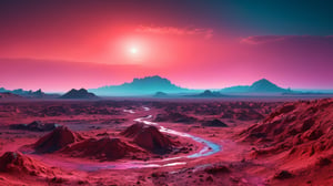 cinematic photo eccentric alien landscape, toxic,ragged,holographic,unholy,minimalist terrain, neon red colored hues, scenic, 35mm photograph, film, bokeh, professional, 4k, highly detailed