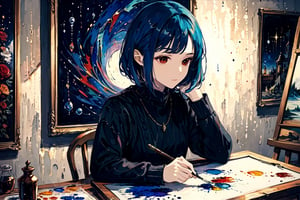Red eyes, midnigth blue hair, lapis lazuli, space, alchemist, painter, horror theme, masterpiece, mineral pigments, gemstone pigments, black sweater underneath,Atelier,abstract painting,Bob cut, medium hair, hair behind the ears, side bangs, mysterious, emotional

