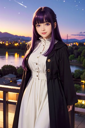 <Fern>
(1girl, solo, purple hair, long hair, purple eyes, blunt bangs, sidelocks, bright pupils),

<Clothes>
(frilled collar, black robe, black coat, white dress, center frills, buttons, wide sleeves, long sleeves, curvy, cowboy shot), 

<Scenery>
(lake, balcony, night, starry_night),

<Pose>
(Posing, arms behind back, smile, average breasts, looking at viewer)