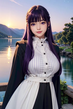 <Fern>
(1girl, solo, purple hair, long hair, purple eyes, blunt bangs, sidelocks, bright pupils,short eyelashes,light smile, plump breasts),

<Clothes>
(frilled collar, black robe, black coat, white dress, center frills, buttons, wide sleeves, long sleeves, curvy, cowboy shot), 

<Scenery>
(lake, starry_night),

<Pose>
(Posing, arms behind back, looking at viewer),masterpiece,1 girl