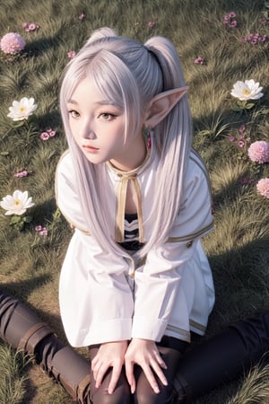 4k, fine detail, masterpiece, high quality eyes, , perfect light, soft shadows, best character art, frieren, 1girl, long hair, pout,pointy ears, twintails, jewelry, elf, earrings,parted bangs, flower,  blushing, sitting on grass, looking on the viewer, full body view,boots,  stockings,masterpiece