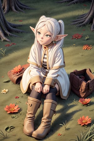 4k, fine detail, masterpiece, high quality eyes, , perfect light, soft shadows, best character art, frieren, 1girl, long hair, pointy ears, twintails, jewelry, elf, earrings, parted bangs, flower,  blushing, laying flat on grass, full body view, long boots, stockings,masterpiece