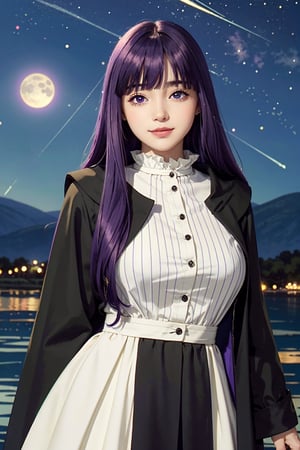 <Fern>
(1girl, solo, purple hair, long hair, purple eyes, blunt bangs, sidelocks, bright pupils,short eyelashes,light smile, plump breasts),

<Clothes>
(frilled collar, black robe, black coat, white dress, center frills, buttons, wide sleeves, long sleeves, curvy, cowboy shot), 

<Scenery>
(starry night, no moon,no meteor,lake),

<Pose>
(posing, arms behind the back,looking at viewer),masterpiece,1 girl,