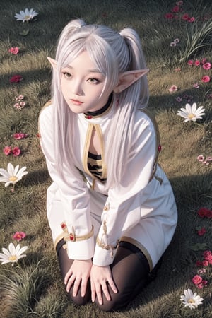 4k, fine detail, masterpiece, high quality eyes, , perfect light, soft shadows, best character art, frieren, 1girl, long hair, pout,pointy ears, twintails, jewelry, elf, earrings,parted bangs, flower,  blushing, laying flat on grass, full body view, boots,  stockings,masterpiece